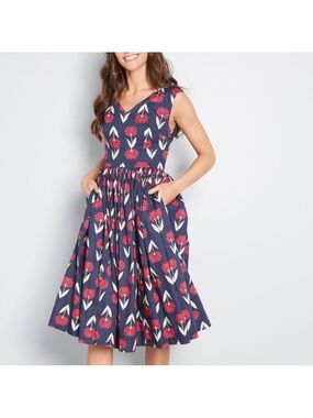 Modcloth Navy Midi Dress with Pink and Cream Floral Print